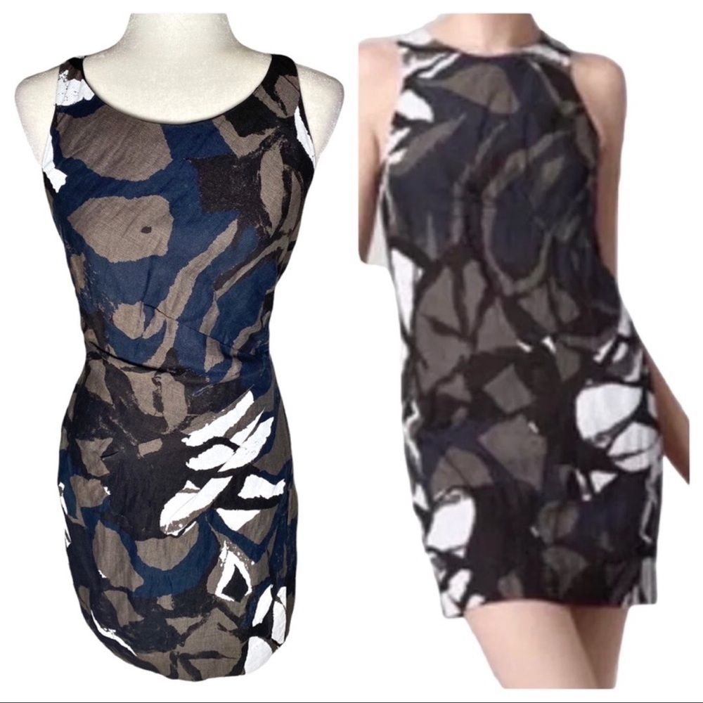 Vince Abstract Floral Tank Navy Blue White Black Painted Sheath Dress Size 10